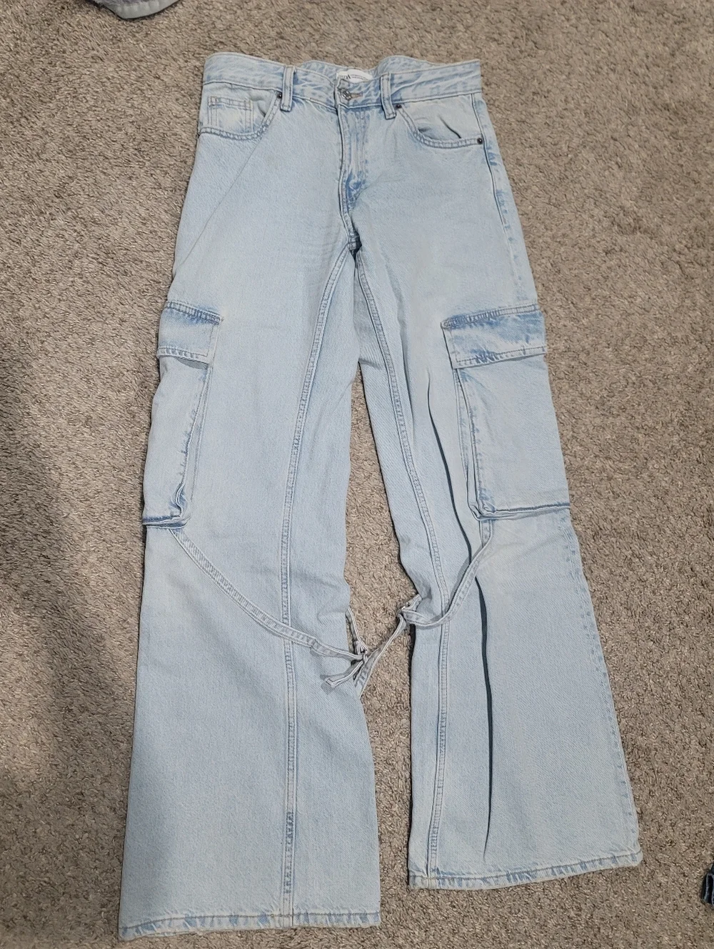 Zara Mid Rise Light Blue Wash TRF Belt Loop Cargo Wide Leg Jeans 4 - Picture 5 of 11